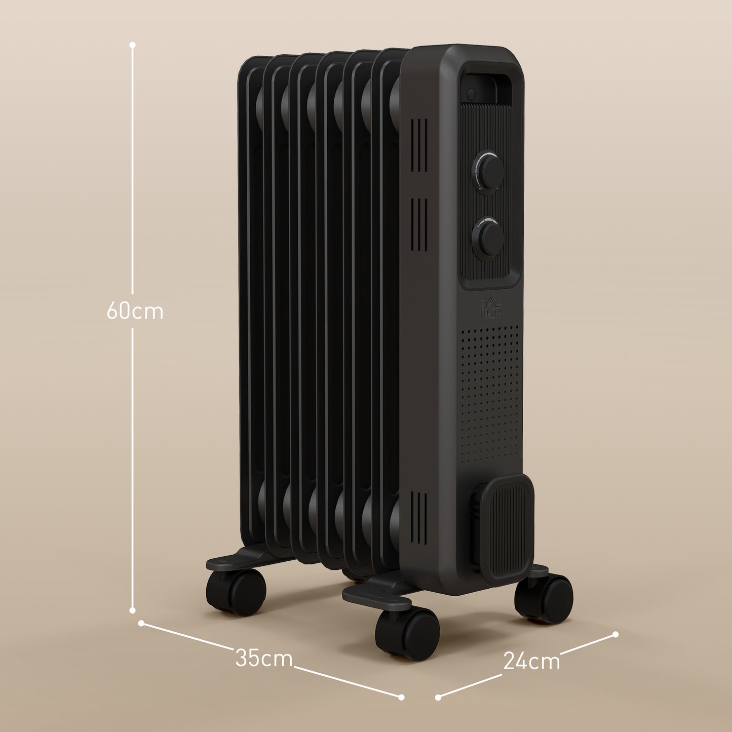 HOMCOM 1500W Oil Filled Radiator, 7 Fin, Portable Electric Heater with 3 Heat Settings, Safety Cut-Off and Wheels in Grey