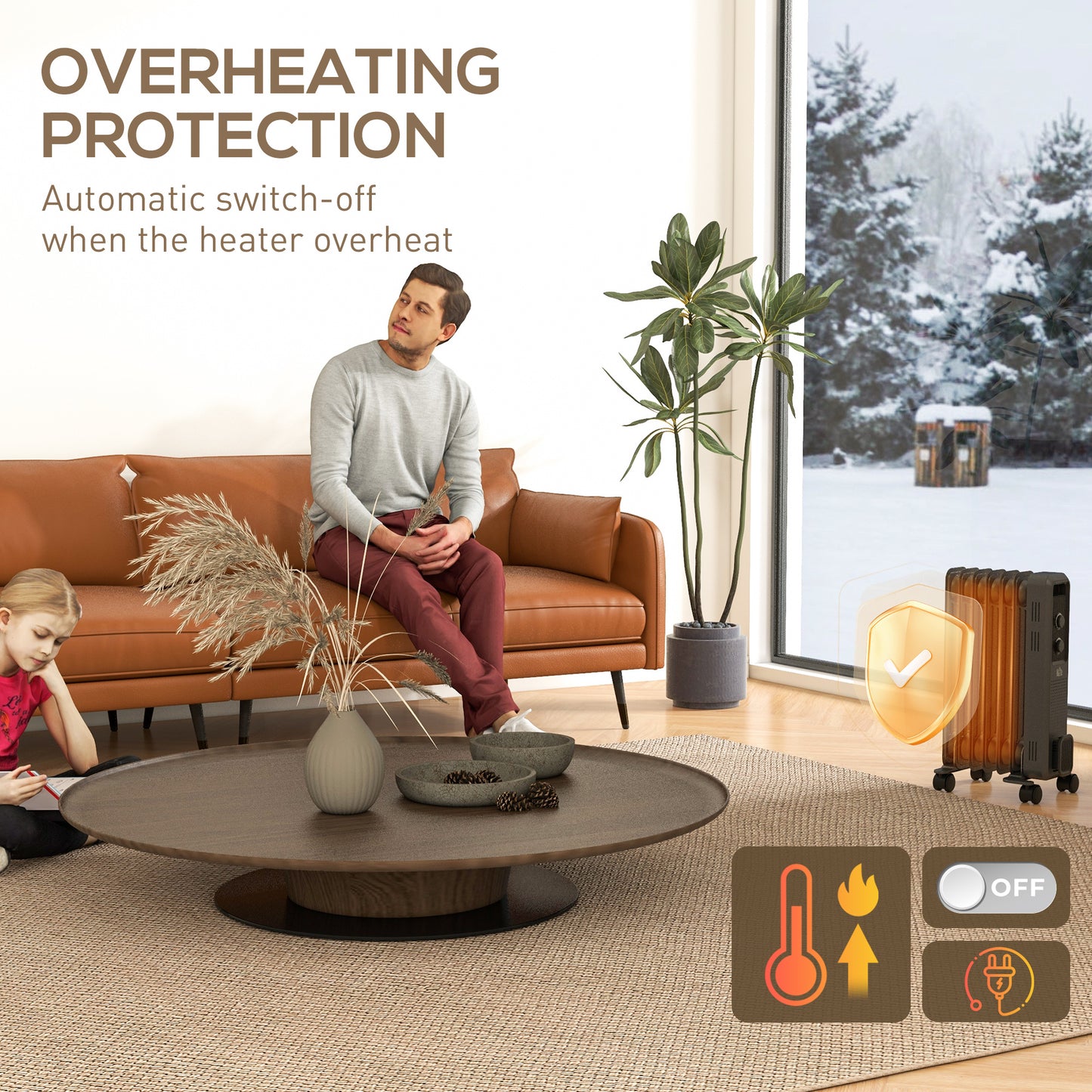 HOMCOM 1500W Oil Filled Radiator, 7 Fin, Portable Electric Heater with 3 Heat Settings, Safety Cut-Off and Wheels in Grey