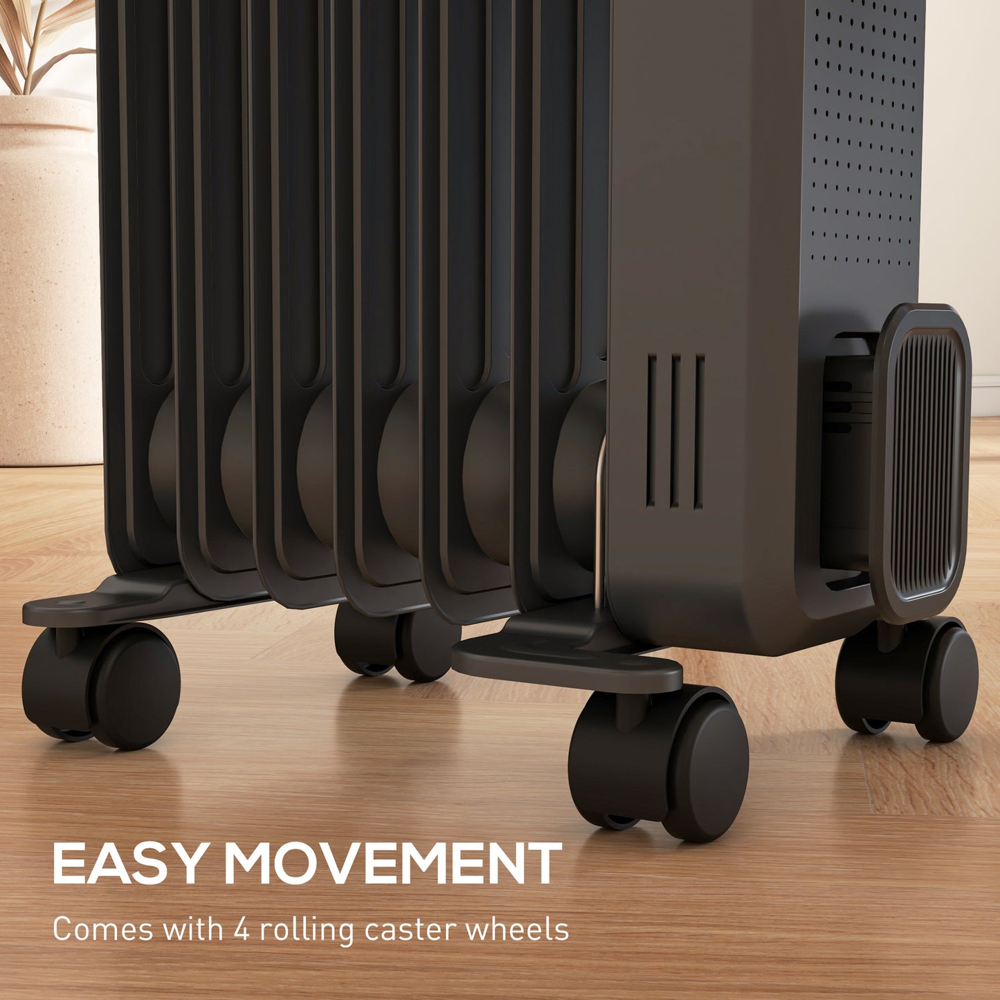 HOMCOM 1500W Oil Filled Radiator, 7 Fin, Portable Electric Heater with 3 Heat Settings, Safety Cut-Off and Wheels in Grey