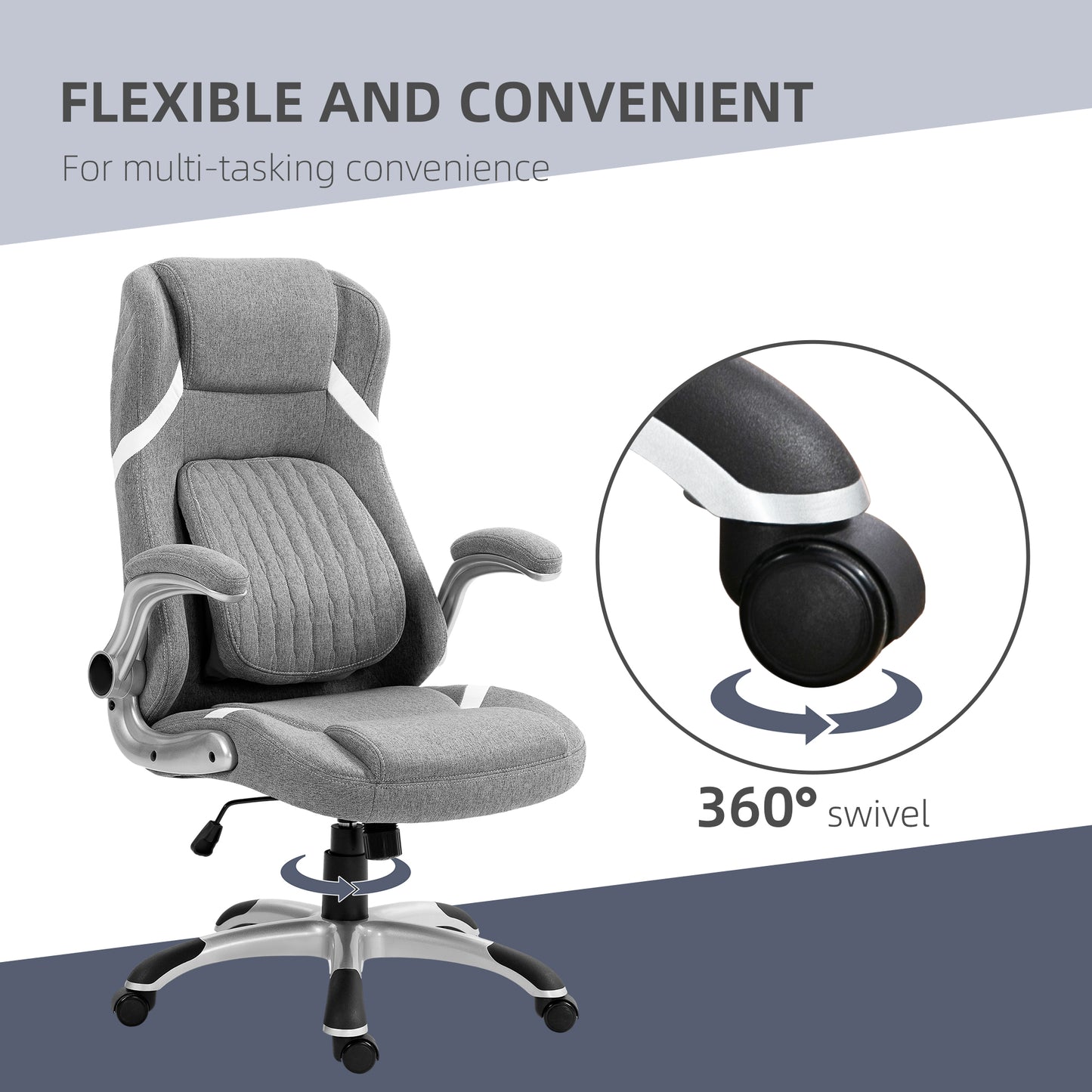 Vinsetto Ergonomic Desk Chair with Adjustable Height and Tension, Armrests, Linen-Look Home Office Chair in Grey