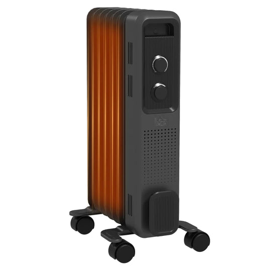HOMCOM 1500W Oil Filled Radiator, 7 Fin, Portable Electric Heater with 3 Heat Settings, Safety Cut-Off and Wheels in Grey