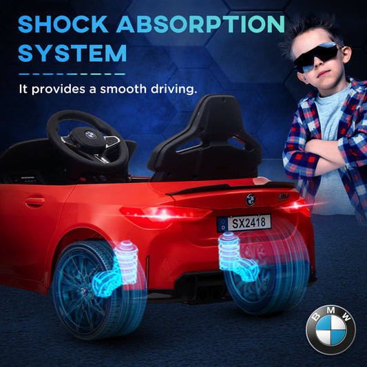 12V BMW M4 Licensed Kids Car with Easy Transport, Remote Control, Suspension, Music, Horn, LED Lights - Red by AIYAPLAY
