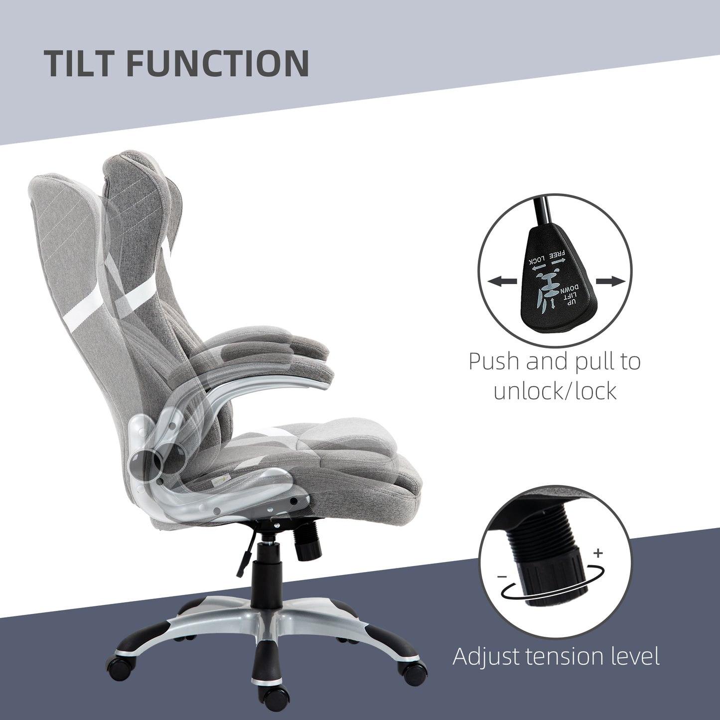 Vinsetto Ergonomic Desk Chair with Adjustable Height and Tension, Armrests, Linen-Look Home Office Chair in Grey