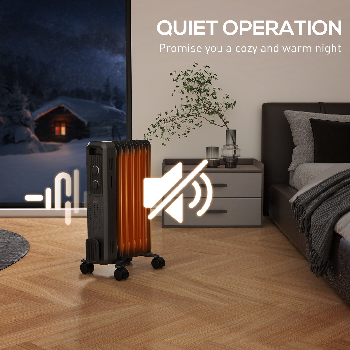 HOMCOM 1500W Oil Filled Radiator, 7 Fin, Portable Electric Heater with 3 Heat Settings, Safety Cut-Off and Wheels in Grey