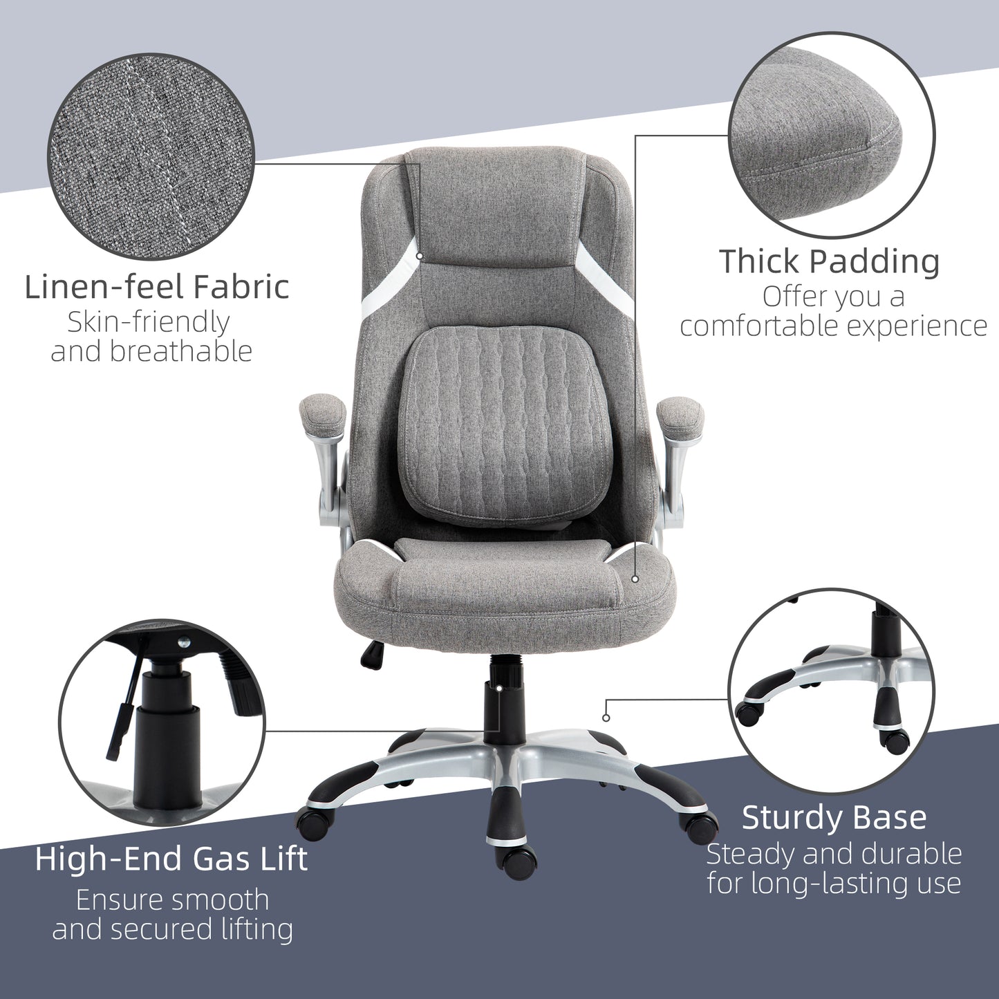 Vinsetto Ergonomic Desk Chair with Adjustable Height and Tension, Armrests, Linen-Look Home Office Chair in Grey