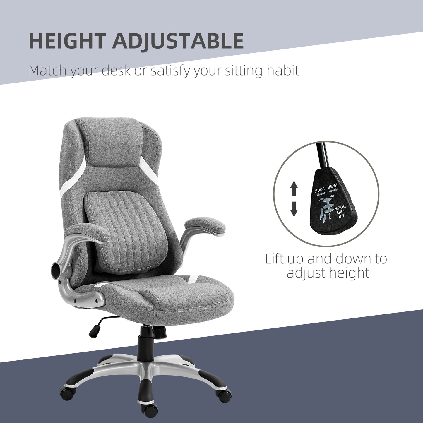 Vinsetto Ergonomic Desk Chair with Adjustable Height and Tension, Armrests, Linen-Look Home Office Chair in Grey