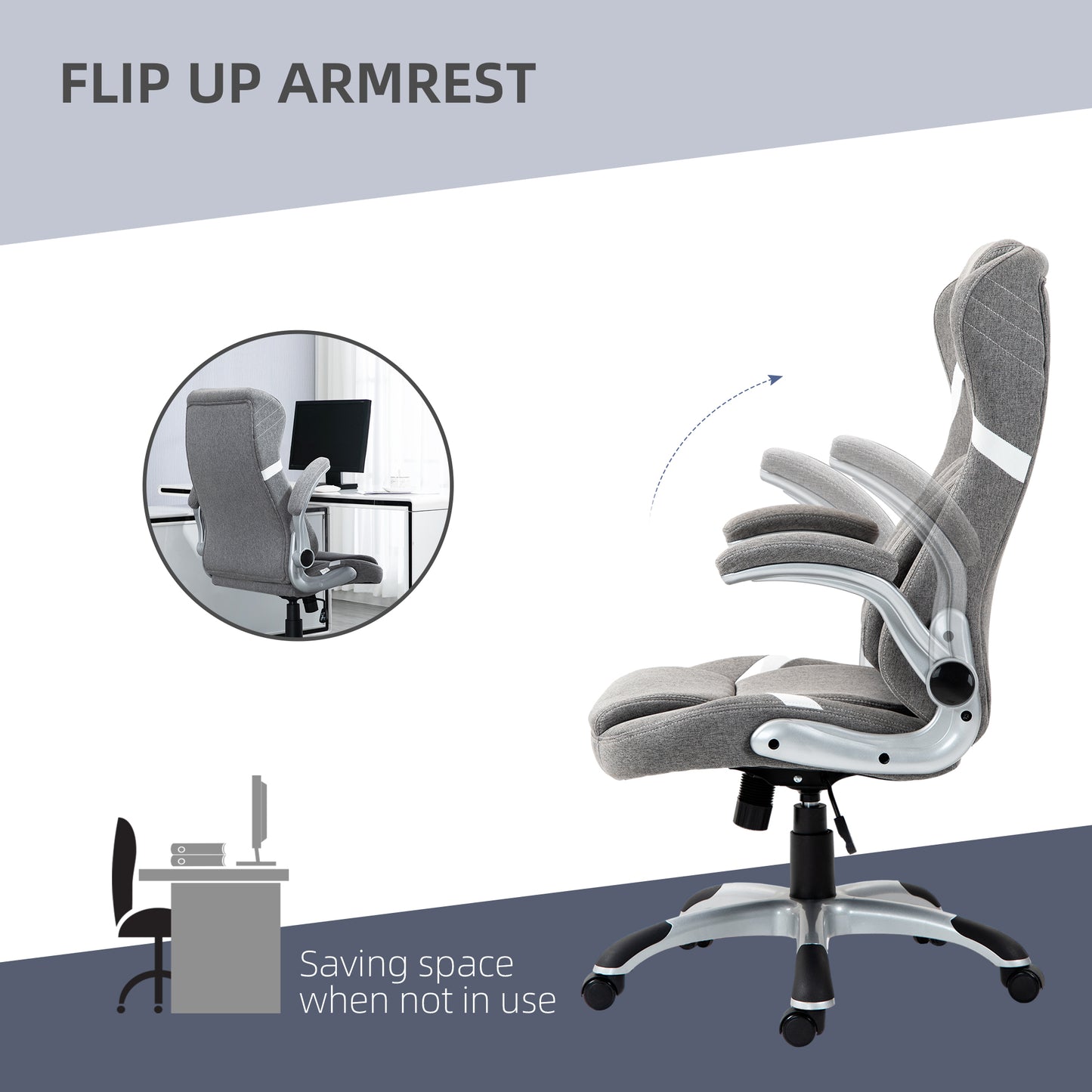 Vinsetto Ergonomic Desk Chair with Adjustable Height and Tension, Armrests, Linen-Look Home Office Chair in Grey