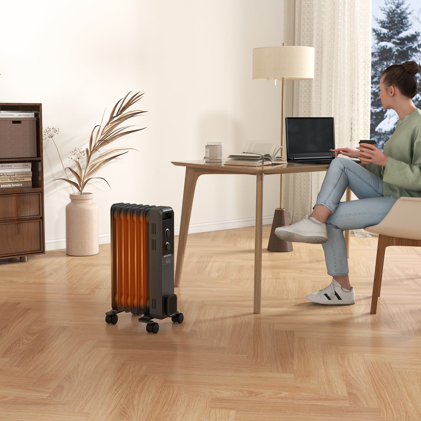 HOMCOM 1500W Oil Filled Radiator, 7 Fin, Portable Electric Heater with 3 Heat Settings, Safety Cut-Off and Wheels in Grey