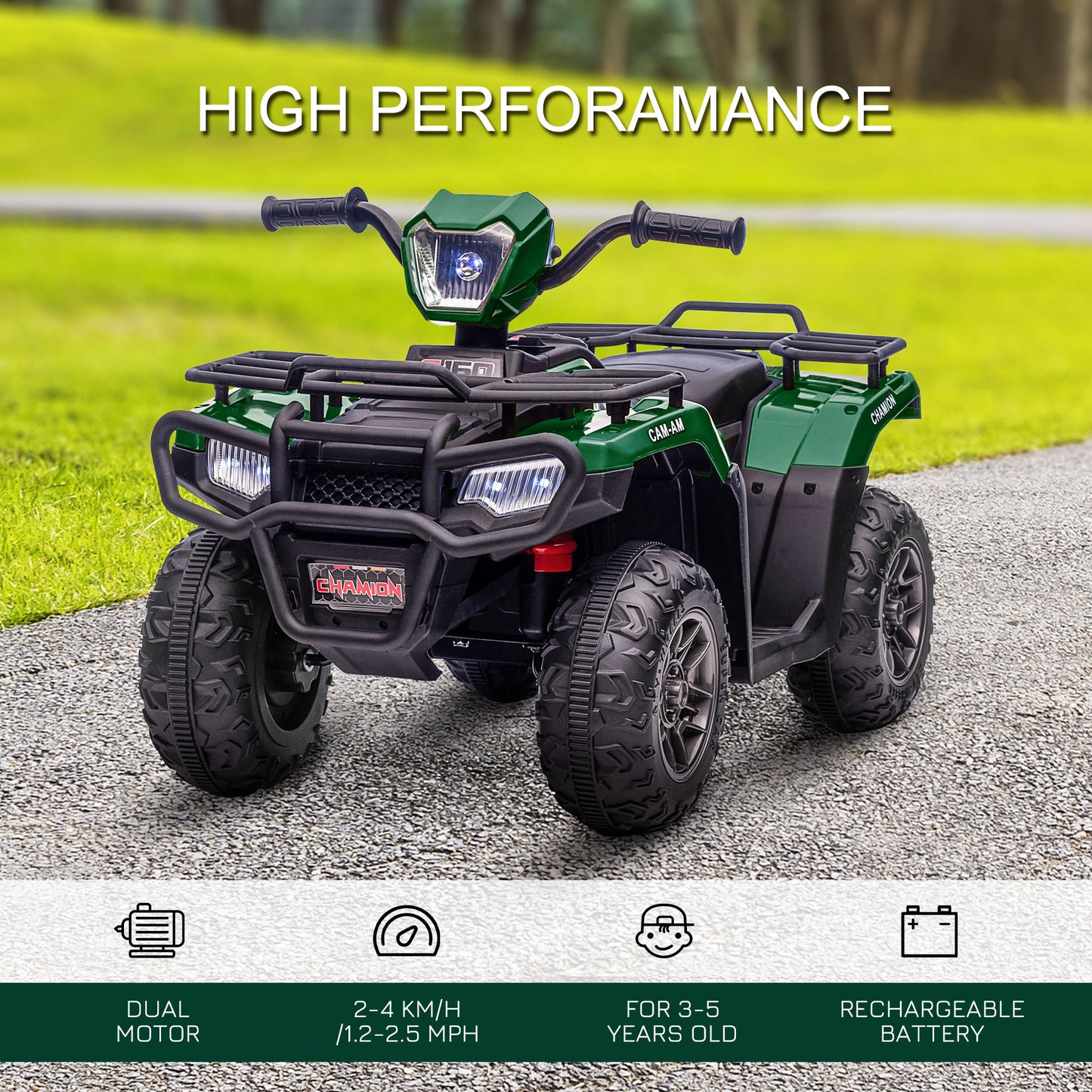 12V Kids Quad Bike with Forward Reverse Functions, Electric Ride On ATV with Music, LED Headlights, for Ages 3-5 Years in Green by HOMCOM
