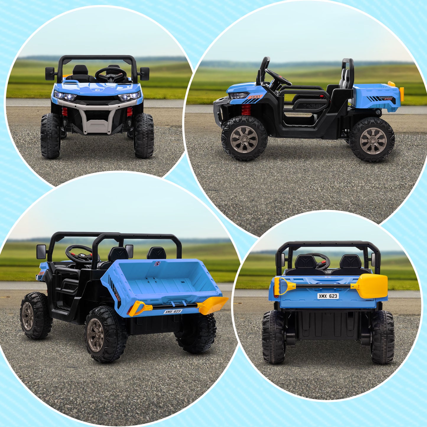 HOMCOM 12V Kids Electric Ride-On Car, with Electric Bucket, Remote Control with 2 Seats in Blue