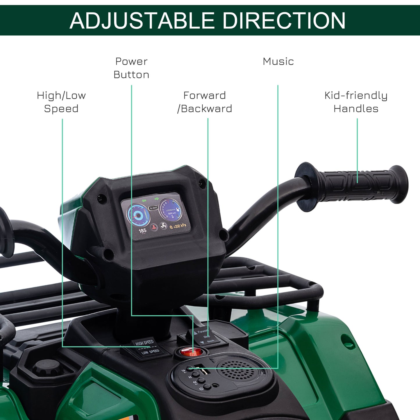 12V Kids Quad Bike with Forward Reverse Functions, Electric Ride On ATV with Music, LED Headlights, for Ages 3-5 Years in Green by HOMCOM