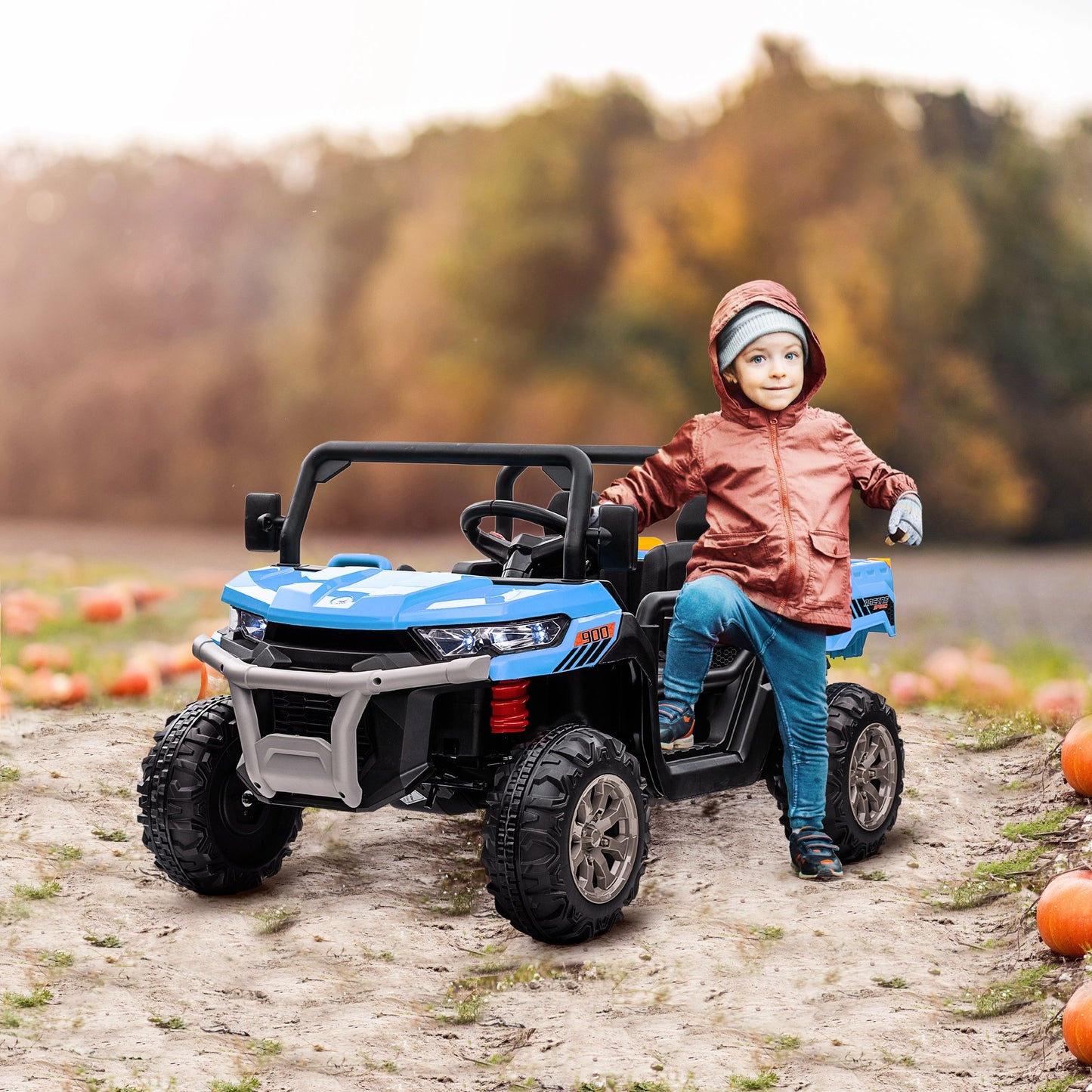 HOMCOM 12V Kids Electric Ride-On Car, with Electric Bucket, Remote Control with 2 Seats in Blue