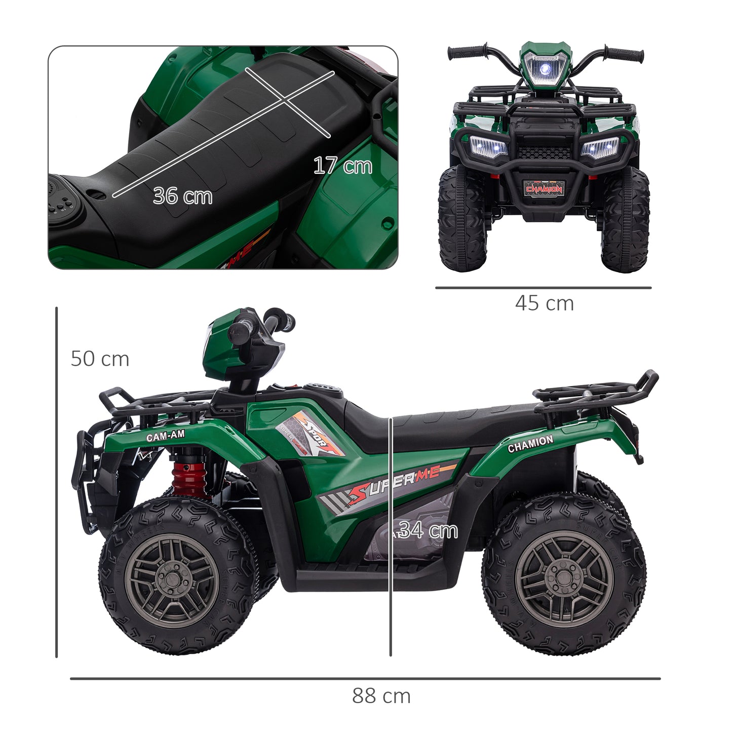 12V Kids Quad Bike with Forward Reverse Functions, Electric Ride On ATV with Music, LED Headlights, for Ages 3-5 Years in Green by HOMCOM