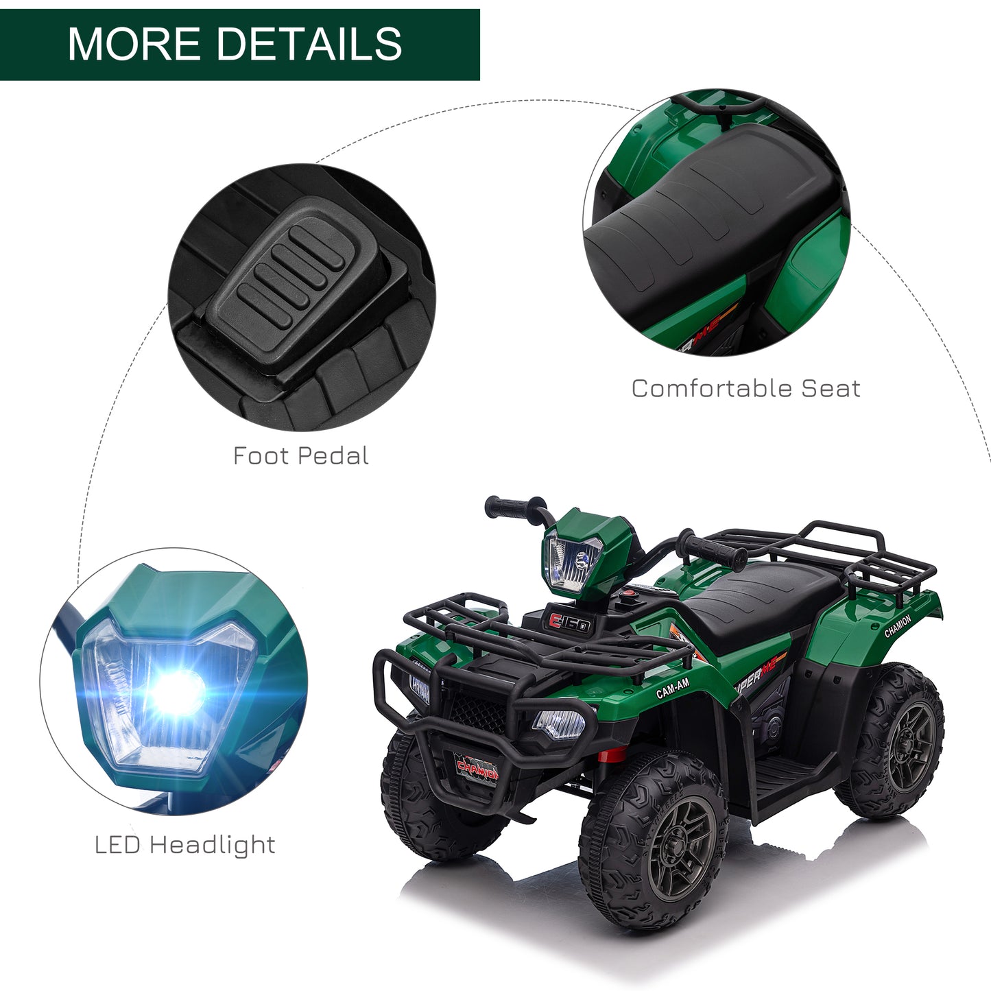 12V Kids Quad Bike with Forward Reverse Functions, Electric Ride On ATV with Music, LED Headlights, for Ages 3-5 Years in Green by HOMCOM